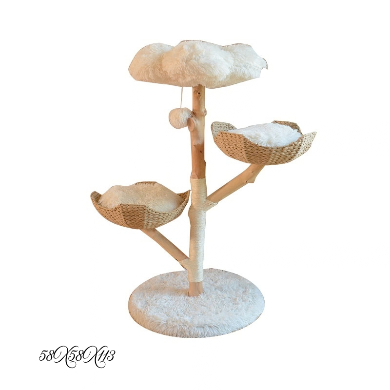 Arbre à chat en bois naturel et rotin – 113 cm 🌳