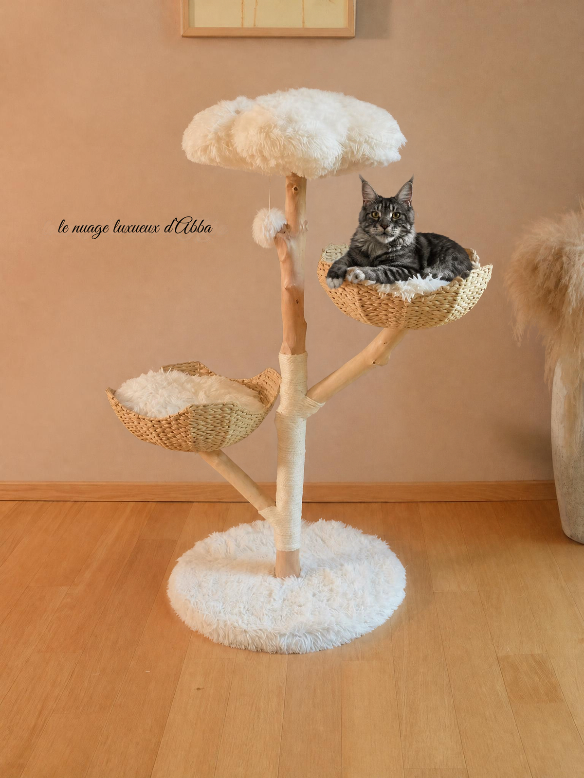 Arbre à chat en bois naturel et rotin – 113 cm 🌳