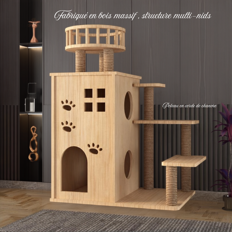 🌳 Arbre à Chat en Bois avec Nid Intégré — Style Minimaliste