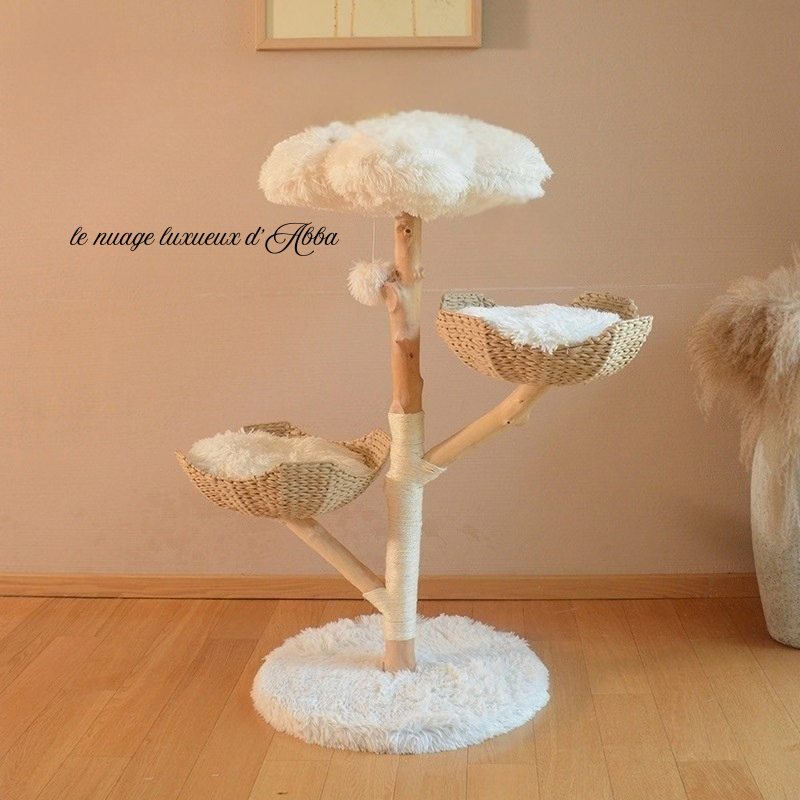 Arbre à chat en bois naturel et rotin – 113 cm 🌳